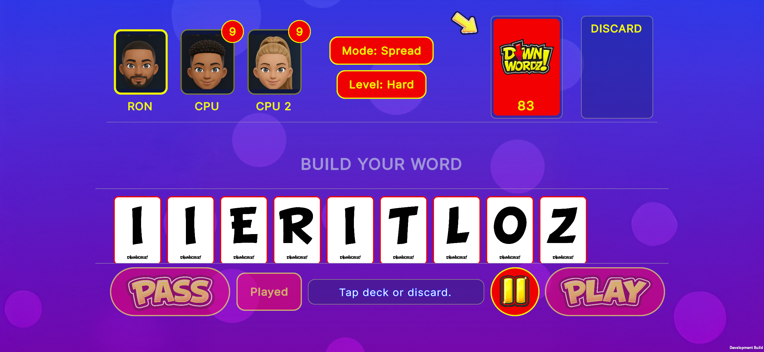 DownWordz gameplay screen showing letter cards and word building
